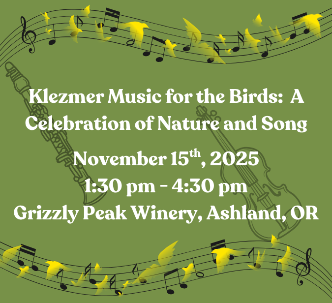 Green background with musical notes on top edge and bottom edge of photo with yellow birds flying through the notes. White text describing the event with a clarinet and violin in the background.
